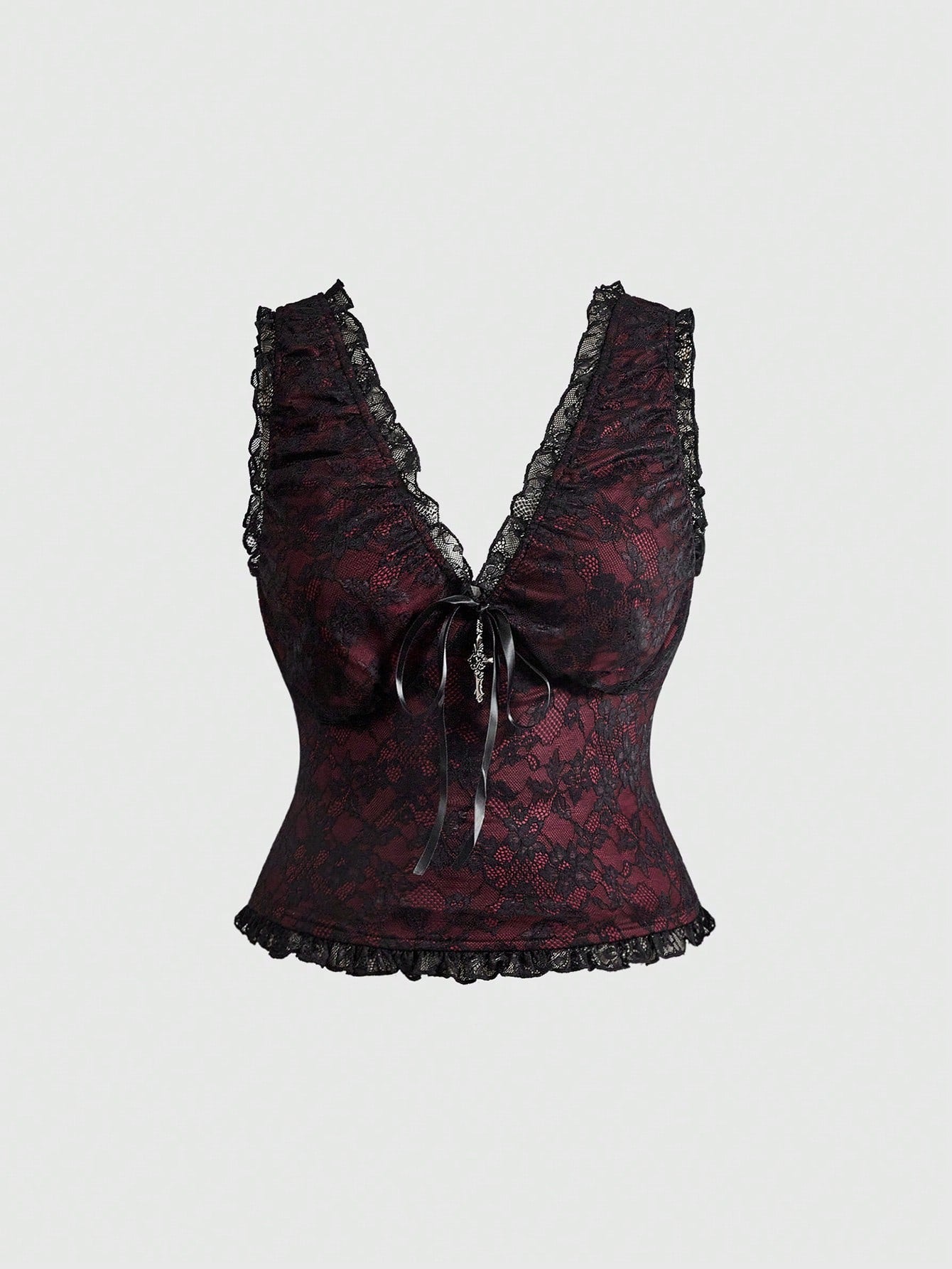 ROMWE Plus Size Gothic Contrast Color Lace Ribbon Bow Cross Pendant Camisole