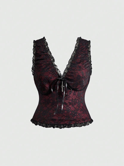 ROMWE Plus Size Gothic Contrast Color Lace Ribbon Bow Cross Pendant Camisole