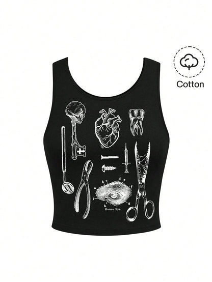ROMWE Punk Dark Goth Witch Academy Mysterious Dinnerware Plus Size Black Tank Top