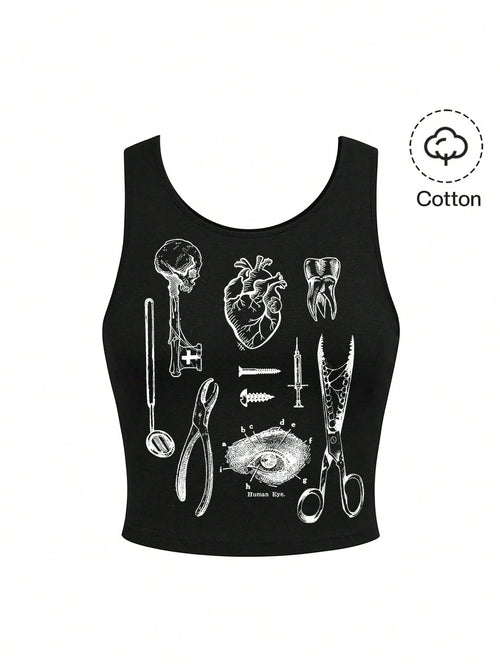 ROMWE Punk Dark Goth Witch Academy Mysterious Dinnerware Plus Size Black Tank Top