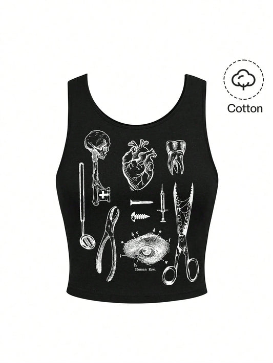 ROMWE Punk Dark Goth Witch Academy Mysterious Dinnerware Plus Size Black Tank Top