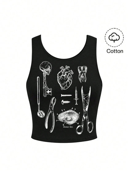 ROMWE Punk Dark Goth Witch Academy Mysterious Dinnerware Plus Size Black Tank Top