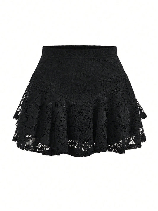 ROMWE PUNK Ruffle Hem Lace Skirt, School