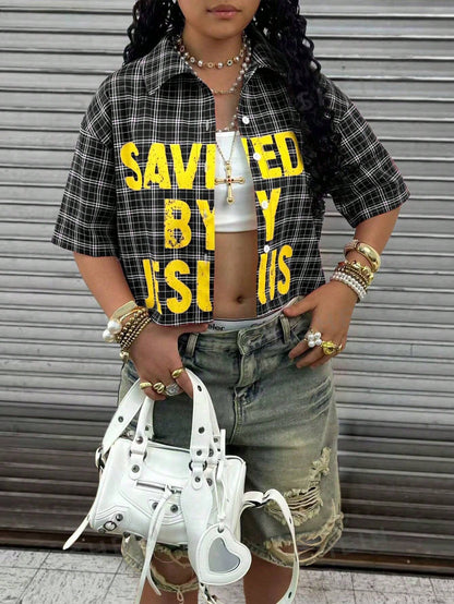 Rovax Plus Size Women Plaid Letter Print Casual Versatile Daily Wear Shirt