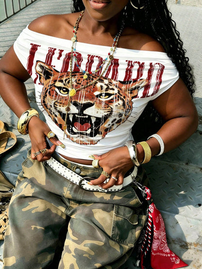 Rovax Plus Size Women's Off Shoulder Ruched Tight Short Sleeve T-Shirt,One Of The Shoulder Graphic Leopard T-Shirt Cool Girl,, Going Out, Sexy, Leopard Print, Costumes For Women, Clothes For Women
