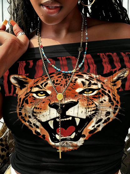 Rovax Plus Size Women's Off Shoulder Ruched Tight Short Sleeve T-Shirt,One Of The Shoulder Graphic Leopard T-Shirt Cool Girl,, Going Out, Sexy, Leopard Print, Costumes For Women, Clothes For Women