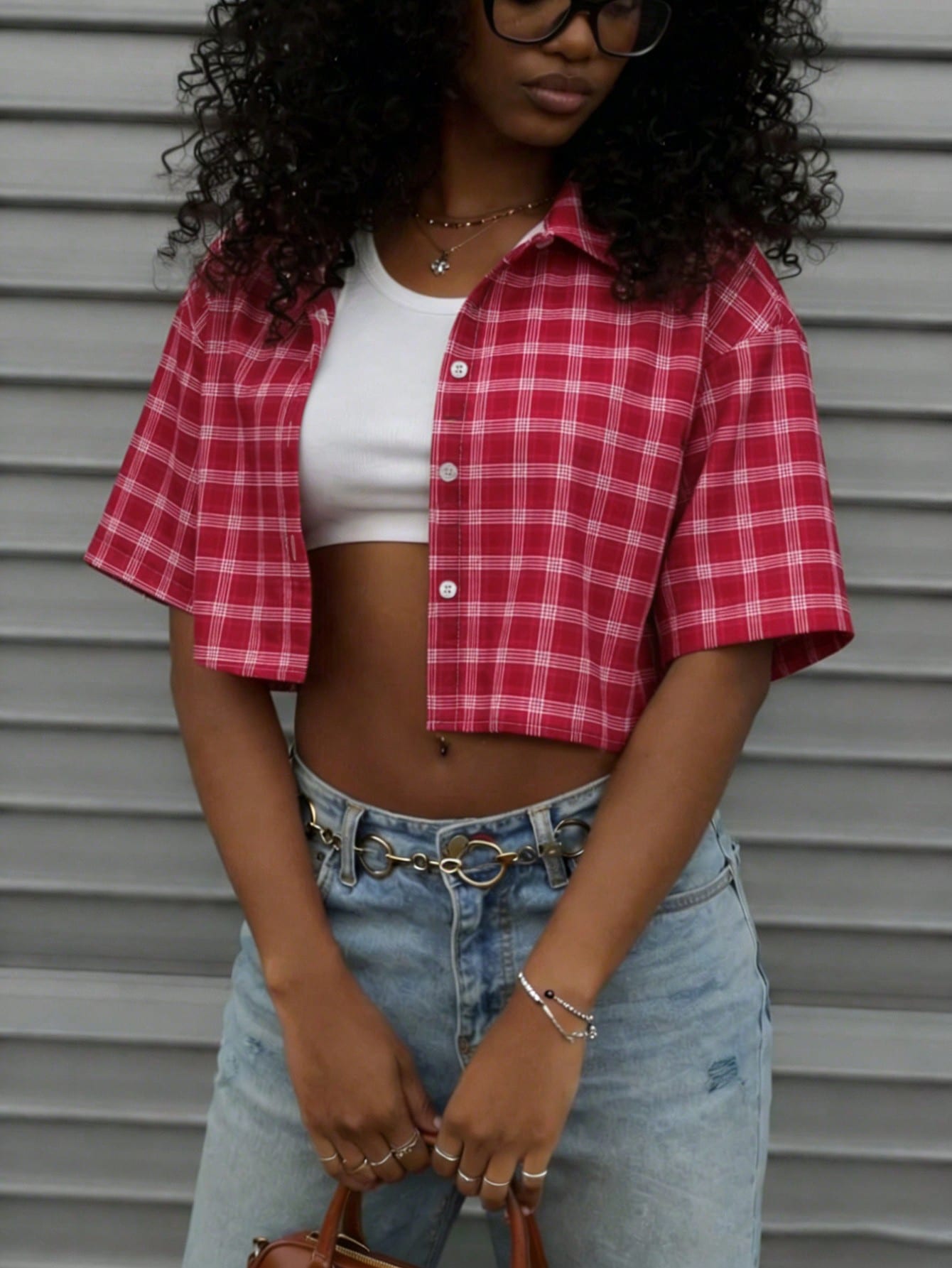 Rovax Women's Street Style Red Plaid Short-Sleeved Shirt, Y2K Style, Vintage, Suitable For Summer, Vacations, Music Festivals, Casual Wear, Commuting, And Back-To-School.
