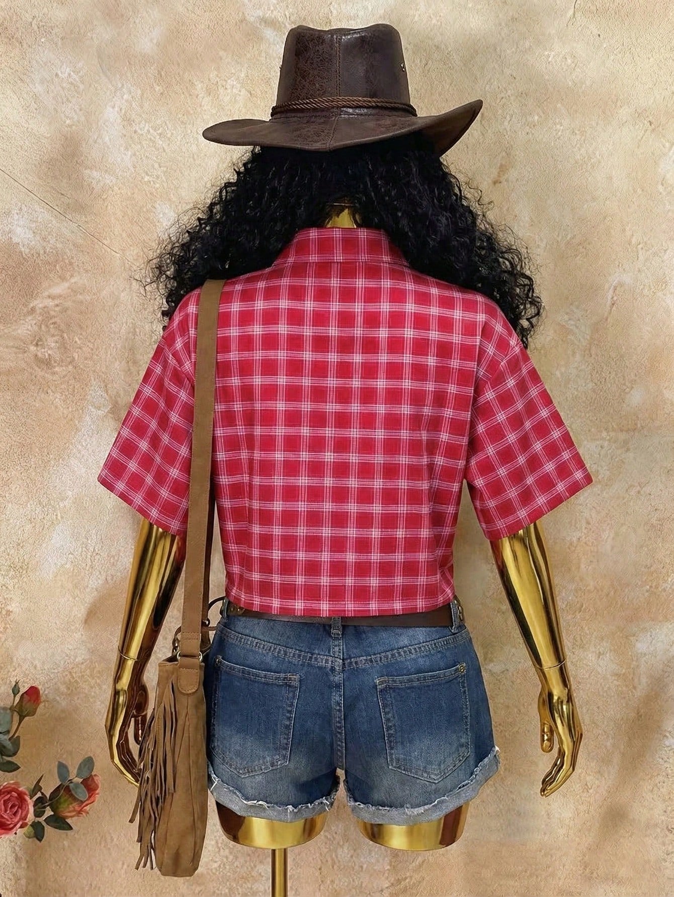 Rovax Women's Street Style Red Plaid Short-Sleeved Shirt, Y2K Style, Vintage, Suitable For Summer, Vacations, Music Festivals, Casual Wear, Commuting, And Back-To-School.