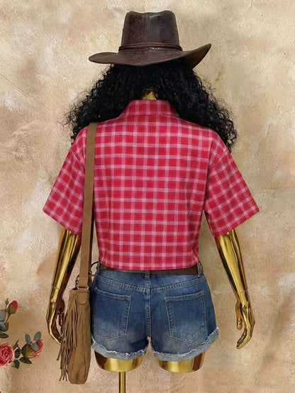 Rovax Women's Street Style Red Plaid Short-Sleeved Shirt, Y2K Style, Vintage, Suitable For Summer, Vacations, Music Festivals, Casual Wear, Commuting, And Back-To-School.