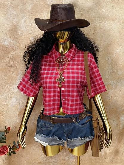 Rovax Women's Street Style Red Plaid Short-Sleeved Shirt, Y2K Style, Vintage, Suitable For Summer, Vacations, Music Festivals, Casual Wear, Commuting, And Back-To-School.