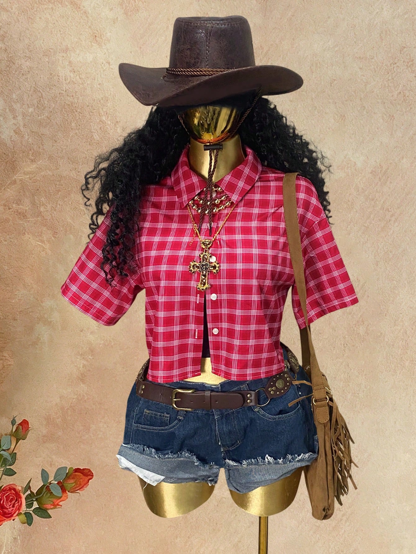 Rovax Women's Street Style Red Plaid Short-Sleeved Shirt, Y2K Style, Vintage, Suitable For Summer, Vacations, Music Festivals, Casual Wear, Commuting, And Back-To-School.
