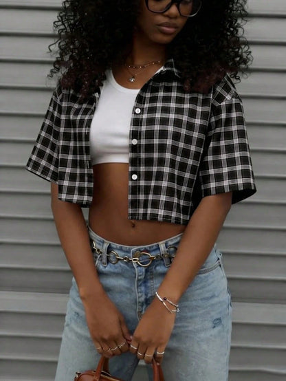 Rovax Women's Street Style Red Plaid Short-Sleeved Shirt, Y2K Style, Vintage, Suitable For Summer, Vacations, Music Festivals, Casual Wear, Commuting, And Back-To-School.