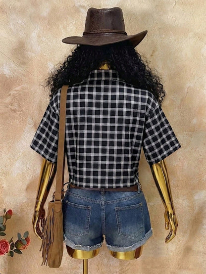 Rovax Women's Street Style Red Plaid Short-Sleeved Shirt, Y2K Style, Vintage, Suitable For Summer, Vacations, Music Festivals, Casual Wear, Commuting, And Back-To-School.