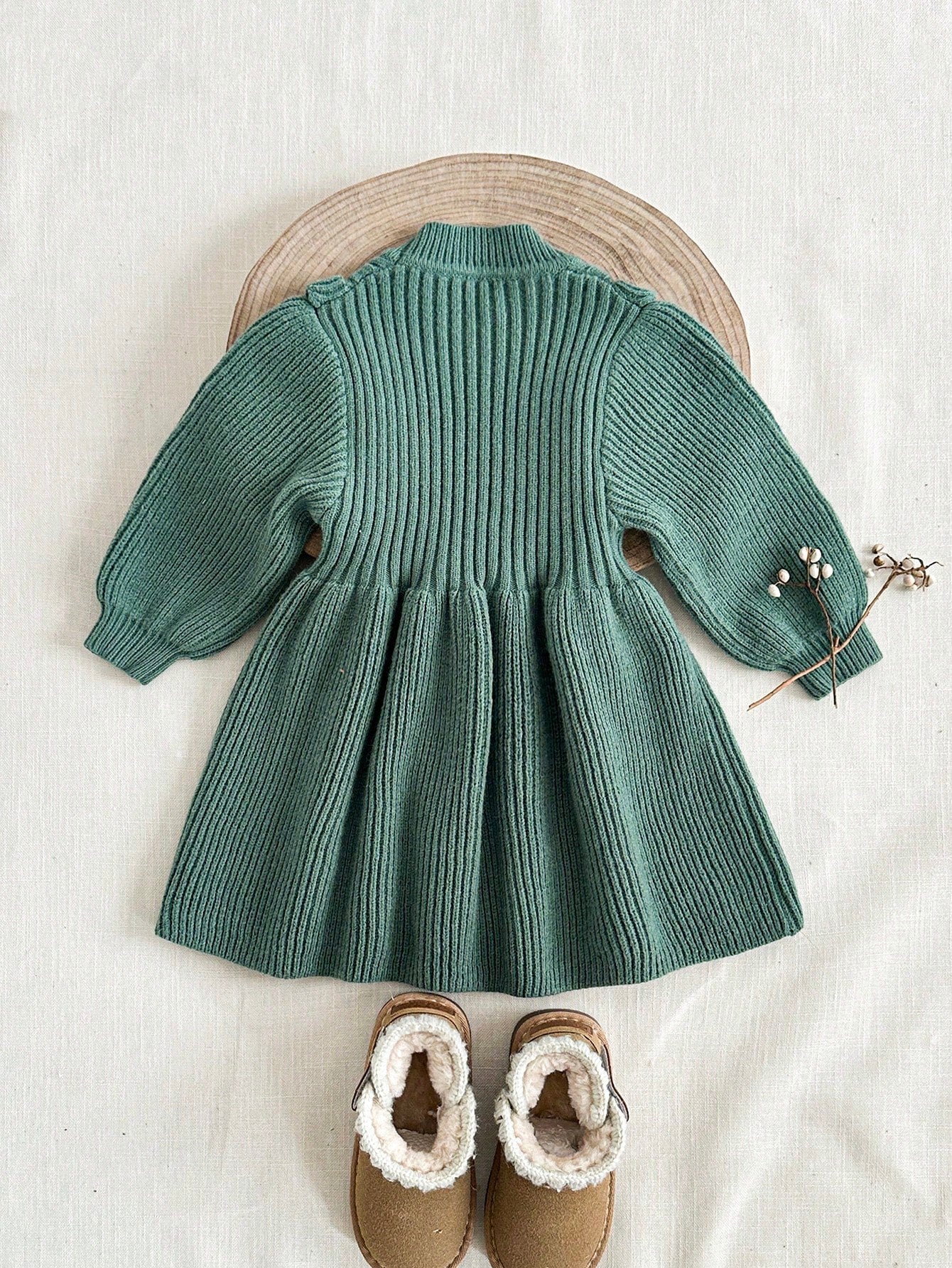 Ruffle Trim Solid Color Long Sleeve Comfortable Knit Sweater Dress, Autumn/Winter