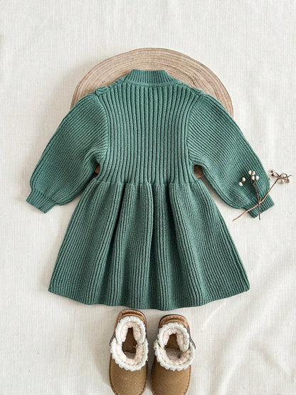 Ruffle Trim Solid Color Long Sleeve Comfortable Knit Sweater Dress, Autumn/Winter