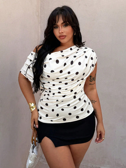 Rustia Plus Size Polka Dot Scoop Neck Sleeveless T-Shirt, Spring/Summer