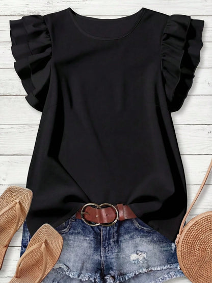 Rusticease Casual Minimalist Style Black Round Neck Double-Layer Ruffle Sleeve Women Shirt, Versatile For Early Autumn