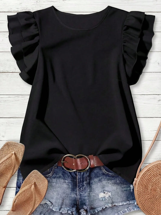 Rusticease Casual Minimalist Style Black Round Neck Double-Layer Ruffle Sleeve Women Shirt, Versatile For Early Autumn