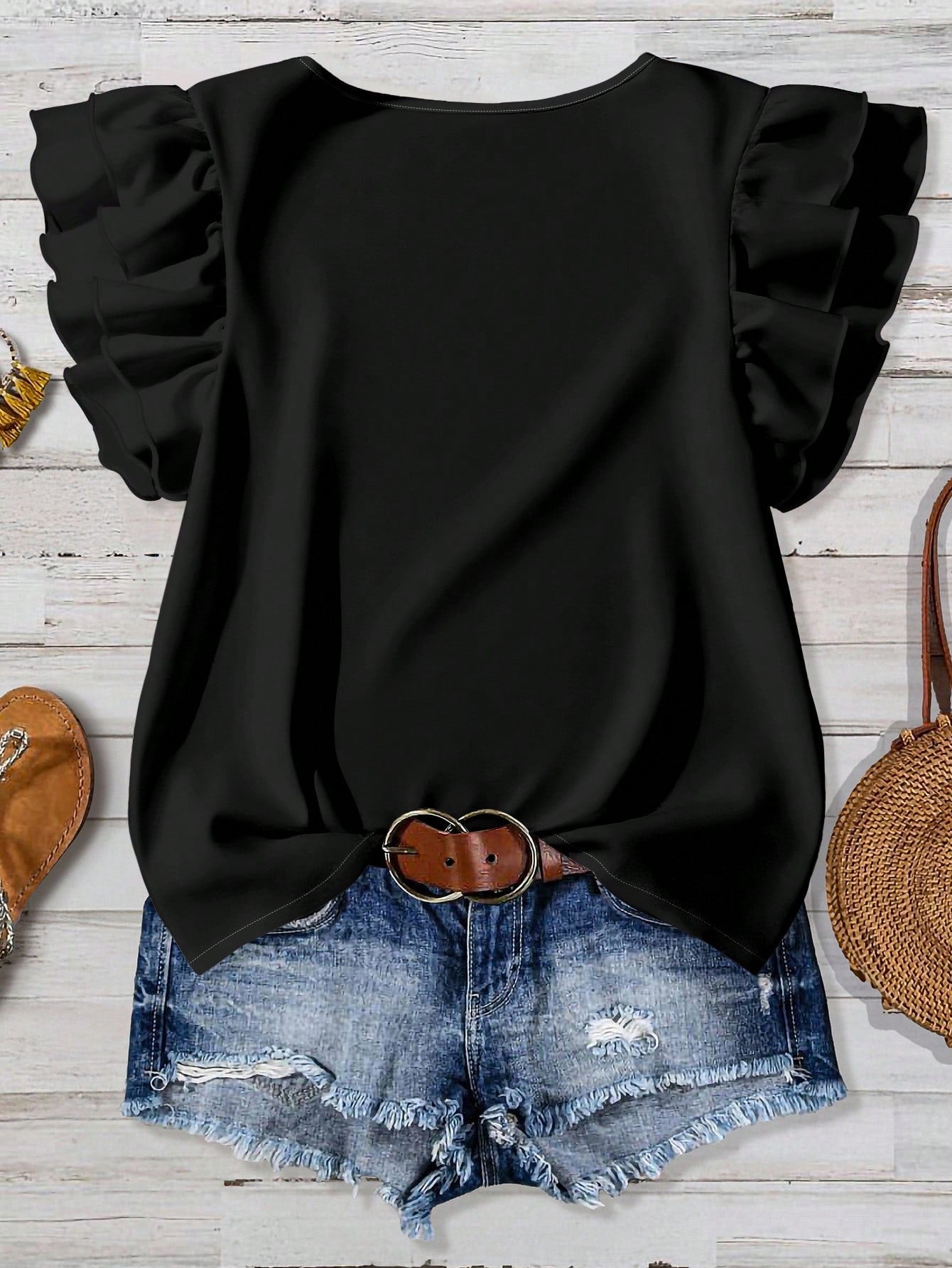 Rusticease Casual Minimalist Style Black Round Neck Double-Layer Ruffle Sleeve Women Shirt, Versatile For Early Autumn