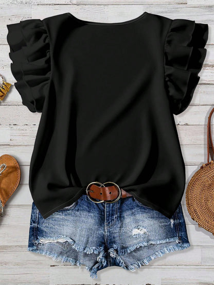 Rusticease Casual Minimalist Style Black Round Neck Double-Layer Ruffle Sleeve Women Shirt, Versatile For Early Autumn
