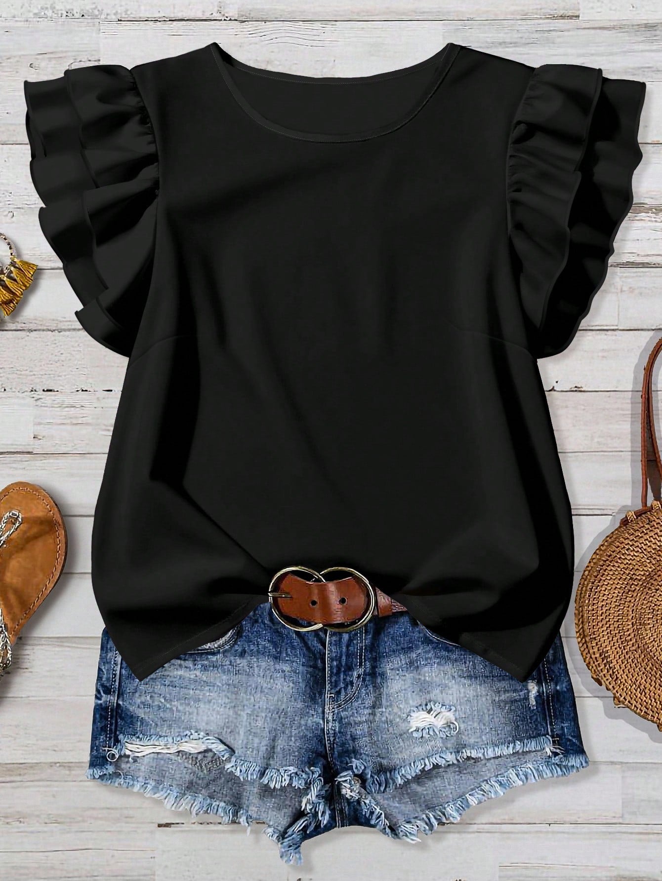 Rusticease Casual Minimalist Style Black Round Neck Double-Layer Ruffle Sleeve Women Shirt, Versatile For Early Autumn