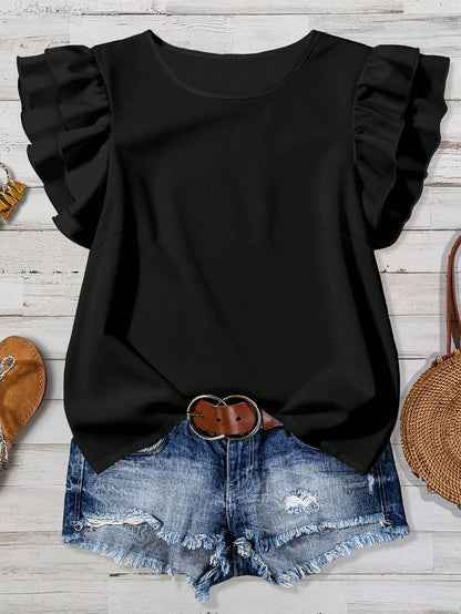 Rusticease Casual Minimalist Style Black Round Neck Double-Layer Ruffle Sleeve Women Shirt, Versatile For Early Autumn