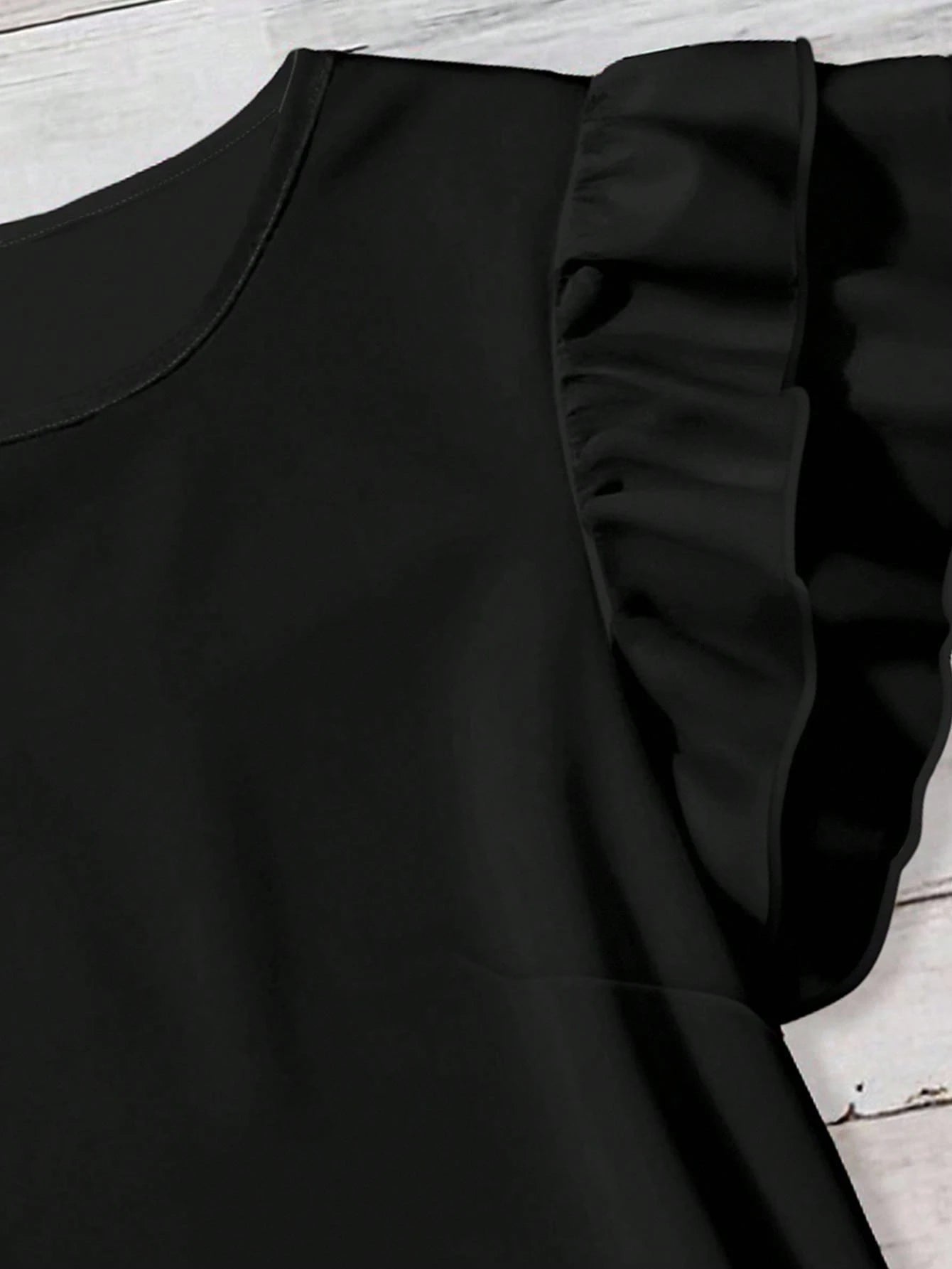 Rusticease Casual Minimalist Style Black Round Neck Double-Layer Ruffle Sleeve Women Shirt, Versatile For Early Autumn
