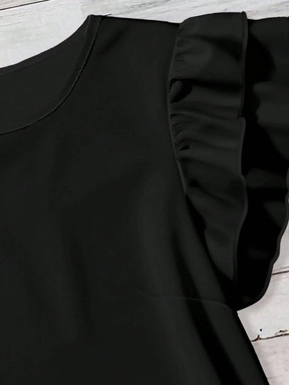 Rusticease Casual Minimalist Style Black Round Neck Double-Layer Ruffle Sleeve Women Shirt, Versatile For Early Autumn