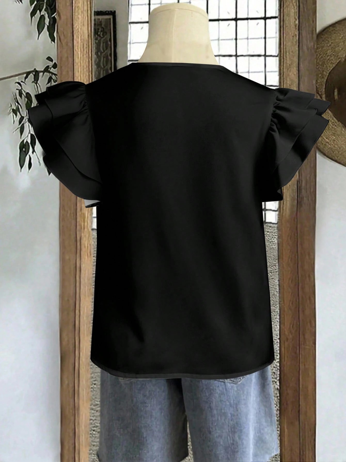 Rusticease Casual Minimalist Style Black Round Neck Double-Layer Ruffle Sleeve Women Shirt, Versatile For Early Autumn
