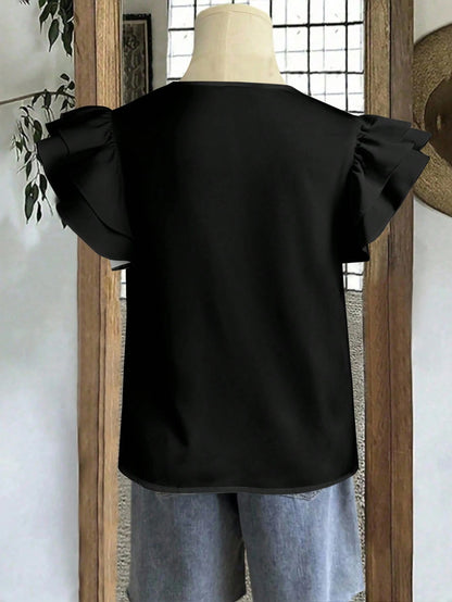 Rusticease Casual Minimalist Style Black Round Neck Double-Layer Ruffle Sleeve Women Shirt, Versatile For Early Autumn