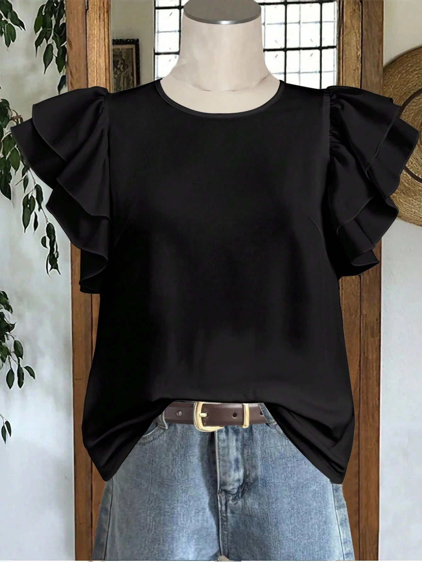 Rusticease Casual Minimalist Style Black Round Neck Double-Layer Ruffle Sleeve Women Shirt, Versatile For Early Autumn