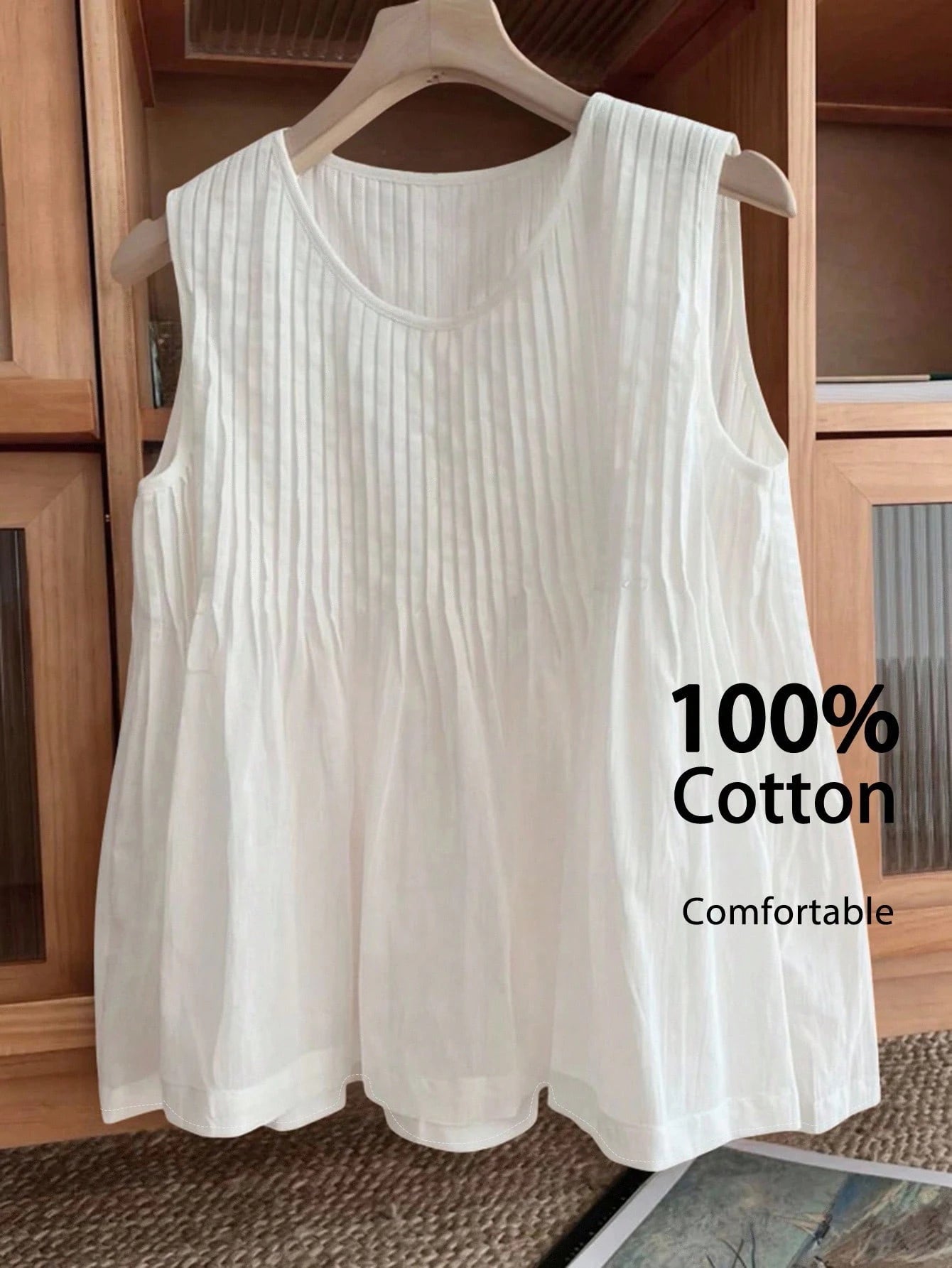 Rusticease Women Casual Minimalist Pleated Sleeveless White Cotton Blouse Summer For Top Cute Shirt Old Money Style 100Cotton Vacation Woman, Everyday House Home