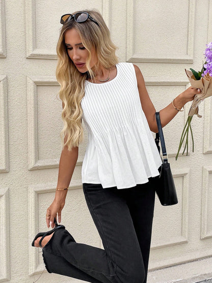Rusticease Women Casual Minimalist Pleated Sleeveless White Cotton Blouse Summer For Top Cute Shirt Old Money Style 100Cotton Vacation Woman, Everyday House Home