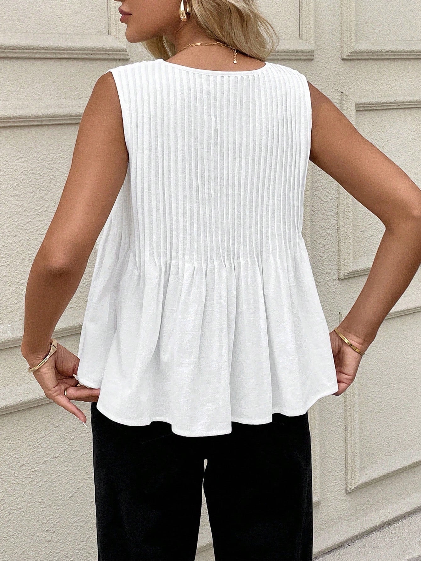 Rusticease Women Casual Minimalist Pleated Sleeveless White Cotton Blouse Summer For Top Cute Shirt Old Money Style 100Cotton Vacation Woman, Everyday House Home