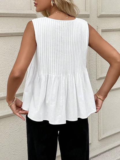 Rusticease Women Casual Minimalist Pleated Sleeveless White Cotton Blouse Summer For Top Cute Shirt Old Money Style 100Cotton Vacation Woman, Everyday House Home