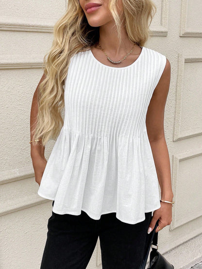 Rusticease Women Casual Minimalist Pleated Sleeveless White Cotton Blouse Summer For Top Cute Shirt Old Money Style 100Cotton Vacation Woman, Everyday House Home