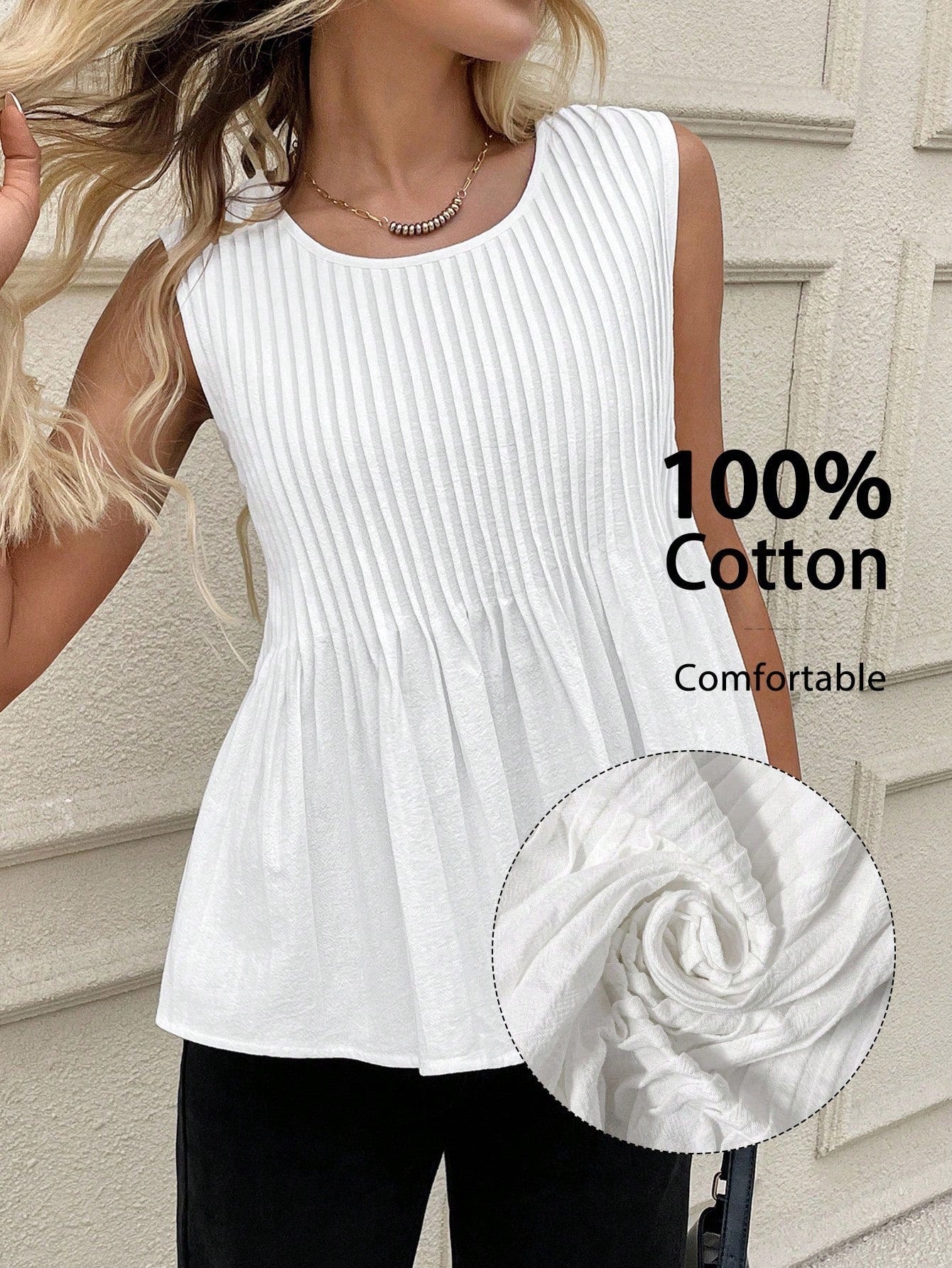 Rusticease Women Casual Minimalist Pleated Sleeveless White Cotton Blouse Summer For Top Cute Shirt Old Money Style 100Cotton Vacation Woman, Everyday House Home