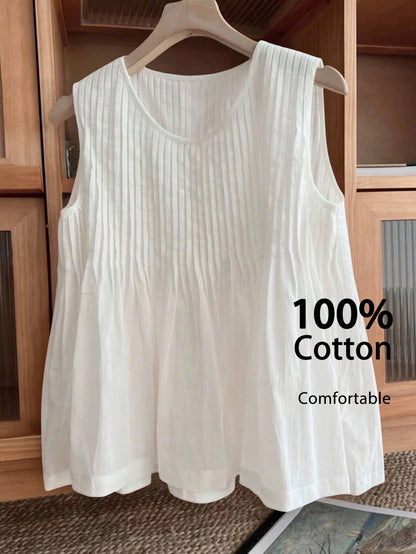 Rusticease Women Casual Minimalist Pleated Sleeveless White Cotton Blouse Summer For Top Cute Shirt Old Money Style 100Cotton Vacation Woman, Everyday House Home
