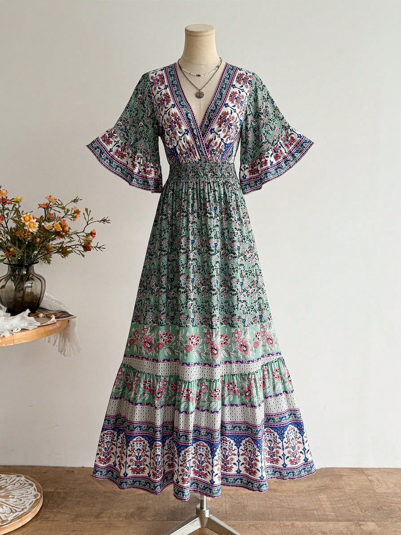 Rusttydustty Women's Green Printed Cross V-Neck Flare Sleeve Dress, Bohemian Style, Tropical Vacation Music Festival Party Outfit Elegant Summer
