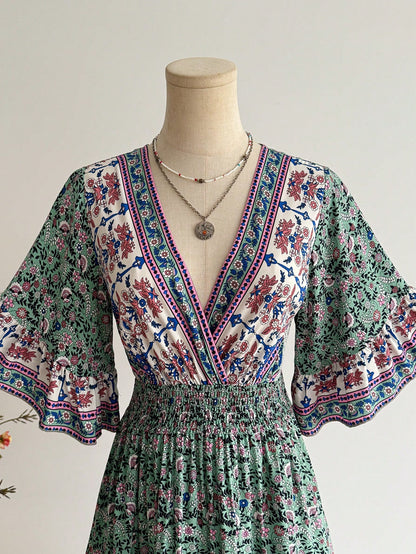 Rusttydustty Women's Green Printed Cross V-Neck Flare Sleeve Dress, Bohemian Style, Tropical Vacation Music Festival Party Outfit Elegant Summer
