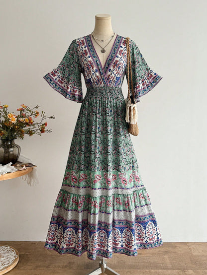 Rusttydustty Women's Green Printed Cross V-Neck Flare Sleeve Dress, Bohemian Style, Tropical Vacation Music Festival Party Outfit Elegant Summer