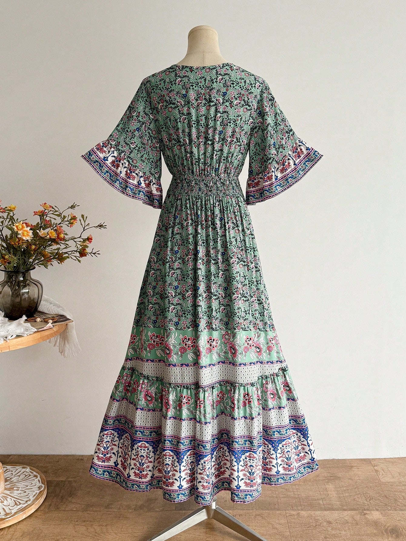 Rusttydustty Women's Green Printed Cross V-Neck Flare Sleeve Dress, Bohemian Style, Tropical Vacation Music Festival Party Outfit Elegant Summer