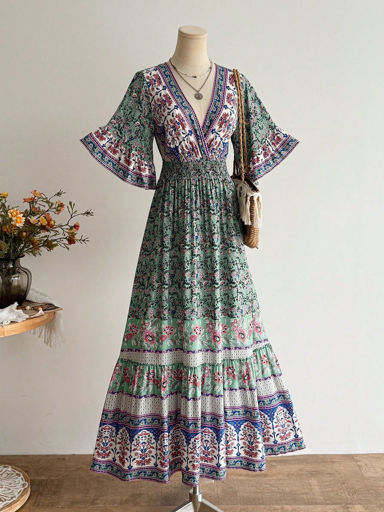 Rusttydustty Women's Green Printed Cross V-Neck Flare Sleeve Dress, Bohemian Style, Tropical Vacation Music Festival Party Outfit Elegant Summer
