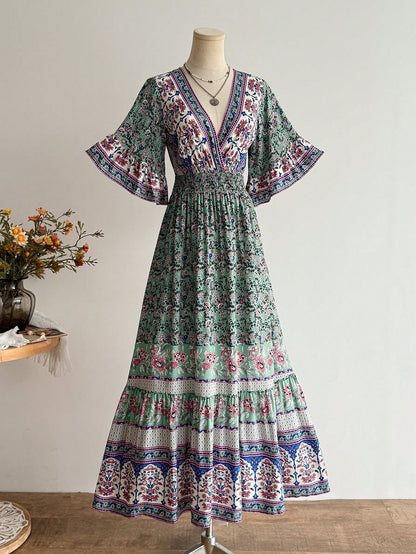 Rusttydustty Women's Green Printed Cross V-Neck Flare Sleeve Dress, Bohemian Style, Tropical Vacation Music Festival Party Outfit Elegant Summer