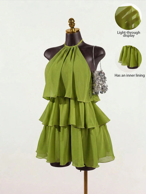 SaltGleam SaltGleam Women's Fashion Resort Ruffled Hem Halter Neck Tie Waist Dress