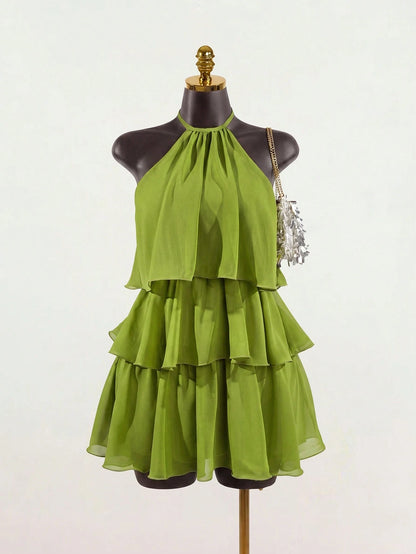 SaltGleam SaltGleam Women's Fashion Resort Ruffled Hem Halter Neck Tie Waist Dress