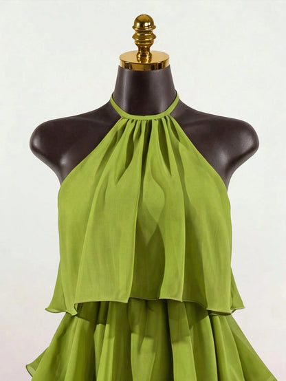 SaltGleam SaltGleam Women's Fashion Resort Ruffled Hem Halter Neck Tie Waist Dress