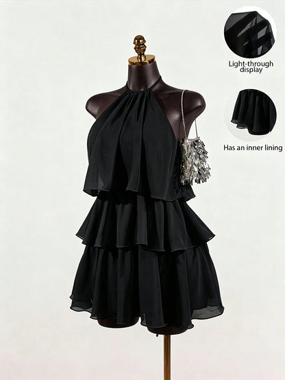 SaltGleam SaltGleam Women's Fashion Resort Ruffled Hem Halter Neck Tie Waist Dress