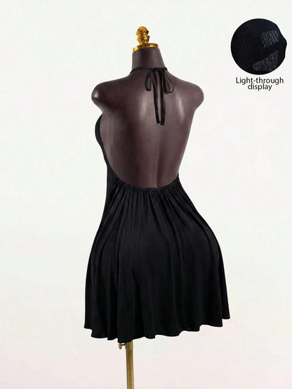 SaltGleam SaltGleam Women's Sexy Solid Color Backless Halter Neck Mini Dress For Summer