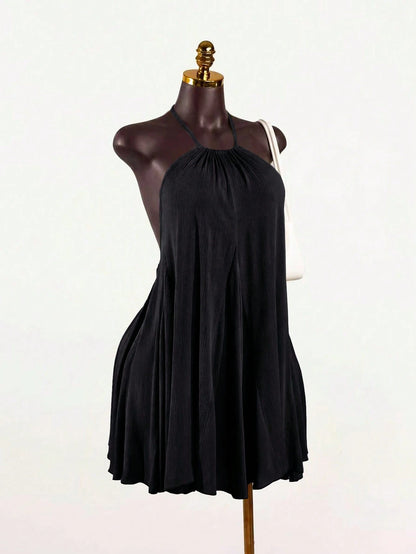 SaltGleam SaltGleam Women's Sexy Solid Color Backless Halter Neck Mini Dress For Summer